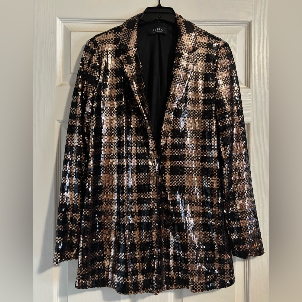 AKIRA Black and Gold Sequin Plaid Blazer